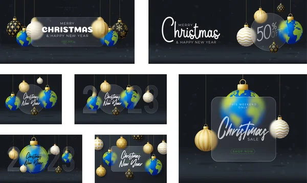 Planet Earth Christmas Sale Banner Greeting Card Set Merry Christmas — Vetor de Stock