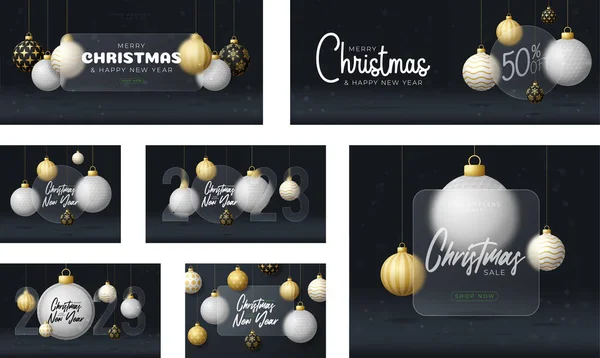 Golf Christmas Sale Banner Greeting Card Set Merry Christmas Happy — Stockvektor