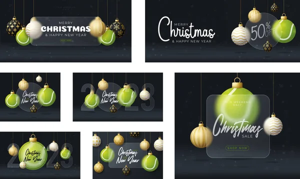 Tennis Christmas Sale Banner Greeting Card Set Merry Christmas Happy — Stockvektor