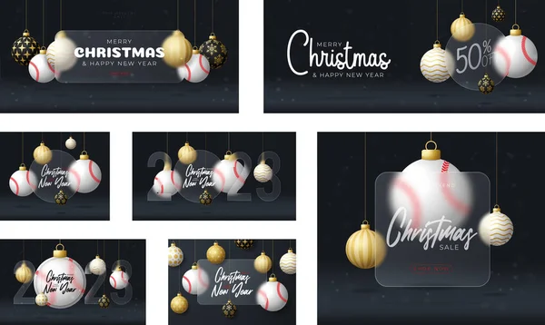 Baseball Christmas Sale Banner Greeting Card Happy New Year Merry — Stockvektor