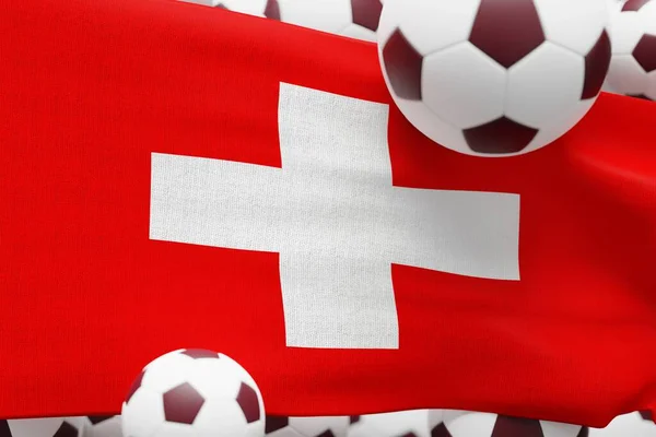 Switzerland Flag with Ball. World Football 2022 Minimal 3D Render Illustration.