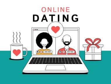 Online dating concept. Young people finding partners on dating website. Happy couple using computer for online video chat. Vector illustration for social media, love, romance concept.