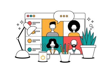online video call or chat illustration. Video call conference, working from home, social distancing, business discussion..