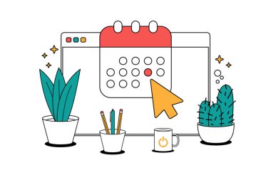Calendar or agenda on browser window screen vector illustration, line cartoon online organizer app on pc display with event date reminder.