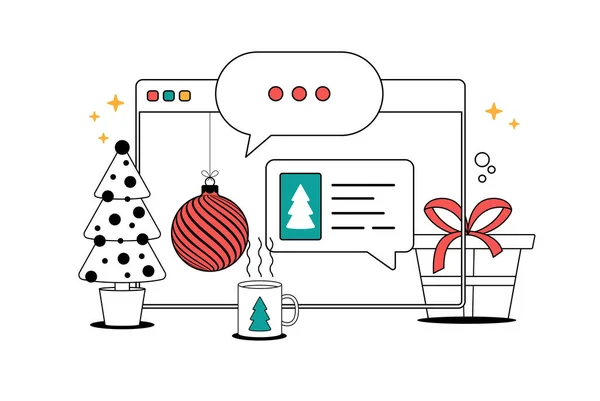 Christmas Chatting Browser Chat Messages Computer Online Vector Illustration Line — Image vectorielle