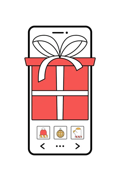 Zakupy Online Prezent Świąteczny Koncepcji Telefonu Przy Użyciu Smartfona Zakupy — Wektor stockowy