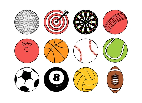 运动用球器材 线条风格平面卡通运动球矢量大集合白色背景隔离 — 图库矢量图片