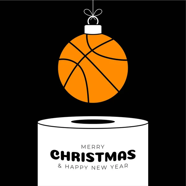 basketball Christmas bauble pedestal. Merry Christmas sport greeting card. Hang on a thread basketball ball as a xmas ball on white podium on black background. Sport Trendy Vector illustration..