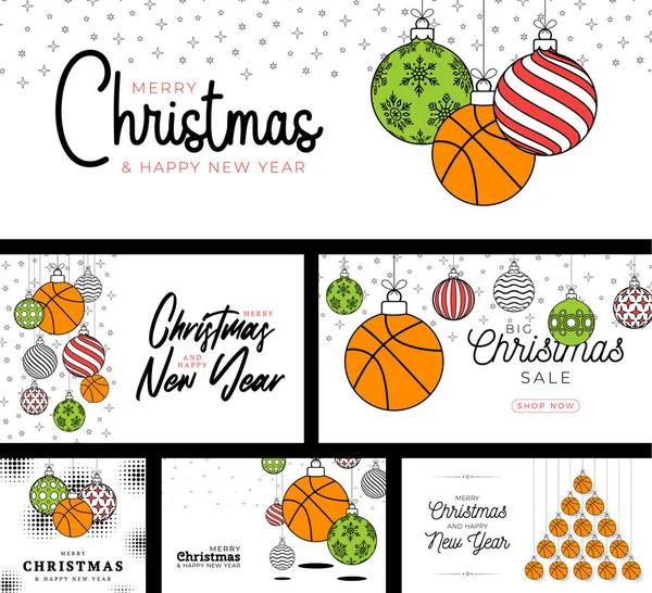 Basketball Sport Weihnachtskarte Set Trendigen Linienstil Frohe Weihnachten Sport Flache — Stockvektor
