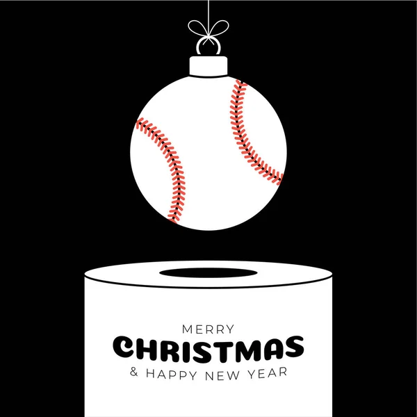 Baseball Christmas bauble pedestal. Merry Christmas sport greeting card. Hang on a thread Baseball ball as a xmas ball on white podium on black background. Sport Trendy Vector illustration..