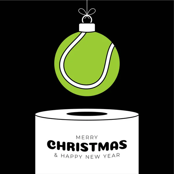 tennis Christmas bauble pedestal. Merry Christmas sport greeting card. Hang on a thread tennis ball as a xmas ball on white podium on black background. Sport Trendy Vector illustration..