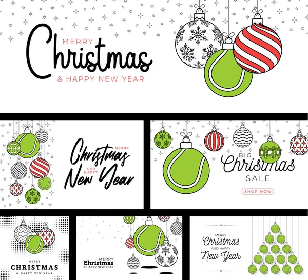 Tennis Sport Christmas Card Set Stile Trendy Line Buon Natale — Vettoriale Stock