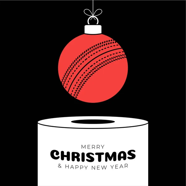 cricket Christmas bauble pedestal. Merry Christmas sport greeting card. Hang on a thread cricket ball as a xmas ball on white podium on black background. Sport Trendy Vector illustration..
