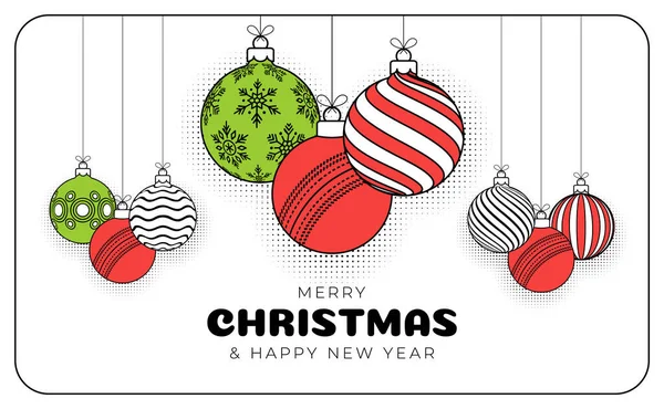 cricket christmas greeting card in trendy line style. Merry Christmas and Happy New Year outline cartoon Sports banner. cricket ball as a xmas ball on white background. Vector illustration..