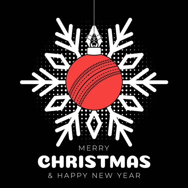 cricket christmas greeting card. Merry Christmas and Happy New Year outline style flat cartoon Sports banner. cricket ball as a xmas ball on black background. Vector illustration..