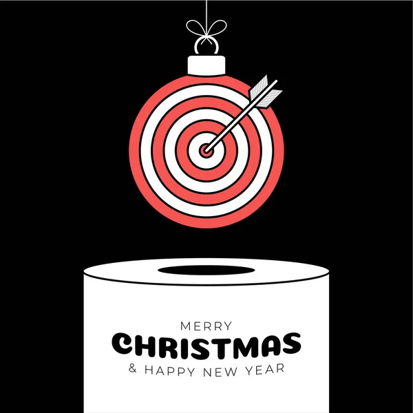 target Christmas bauble pedestal. Merry Christmas sport greeting card. Hang on a thread target ball as a xmas ball on white podium on black background. Sport Trendy Vector illustration..