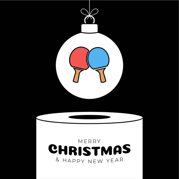 ping pong Christmas bauble pedestal. Merry Christmas sport greeting card. Hang on a thread ping pong ball as a xmas ball on white podium on black background. Sport Trendy Vector illustration..