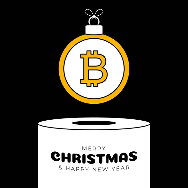 Bitcoin Navidad Bauble Pedestal Feliz Navidad Deporte Tarjeta Felicitación Cuelgue — Vector de stock