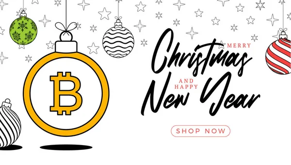 Tarjeta Felicitación Navidad Bitcoin Estilo Línea Moda Feliz Navidad Feliz — Vector de stock