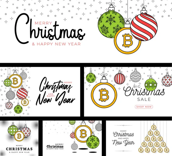 Bitcoin Weihnachtskarte Trendigen Linienstil Frohe Weihnachten Sport Flache Grußkarte Hängen — Stockvektor