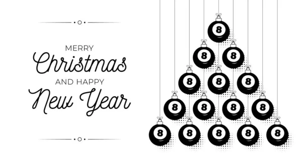 ビリヤードクリスマスと新年のバブルツリーグリーティングカード ビリヤードボールで作られた創造的なクリスマスツリー クリスマスと新年のアウトラインフラットベクトルスポーツグリーティングカードバナー トレンディなベクトルスタイル — ストックベクタ