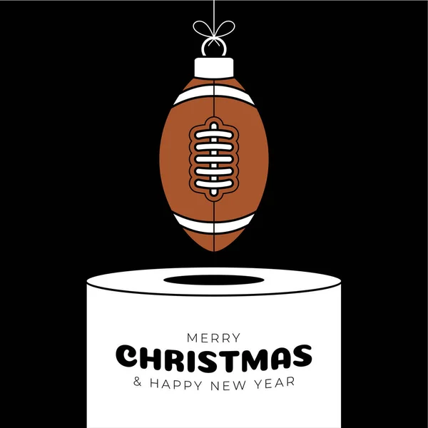 football, rugby Christmas bauble pedestal. Merry Christmas sport greeting card. Hang on a thread ball as a xmas ball on white podium on black background. Sport Trendy Vector illustration..