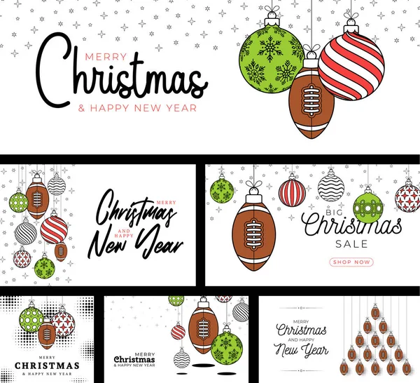Fußball Rugby Sport Weihnachtskarte Trendigen Linienstil Frohe Weihnachten Sport Flache — Stockvektor
