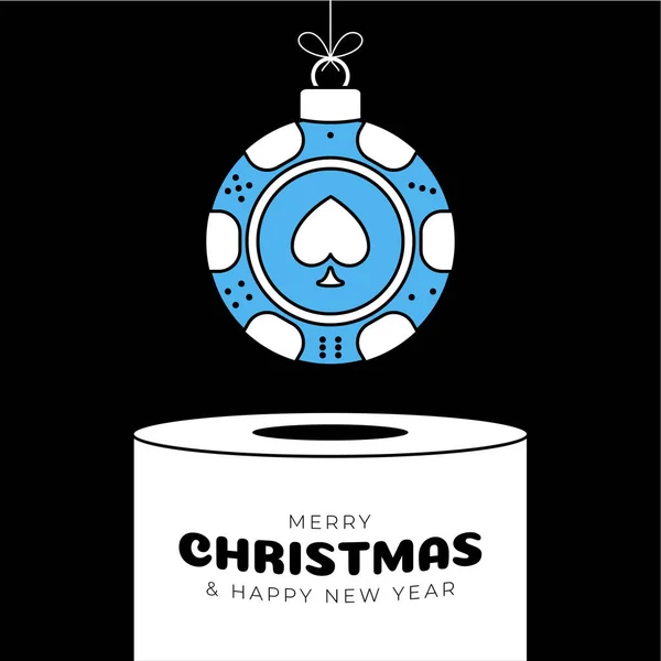 poker Christmas bauble pedestal. Merry Christmas sport greeting card. Hang on a thread casino chip as a xmas ball on white podium on black background. Sport Trendy Vector illustration..