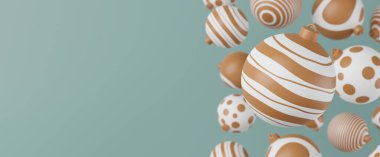 Yeşil arka planda deseni olan lüks bir 3D noel balosu. 3D sunma Mutlu Yıllar Lüks arka plan Altın ve beyaz takı top.