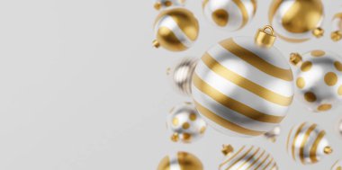 Beyaz arka planda şablonu olan lüks bir 3D noel balosu. 3D sunma Mutlu Yıllar Lüks arka plan Altın ve beyaz takı top.