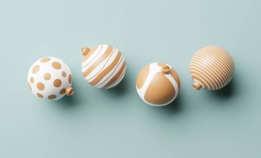 Yeşil arka planda 3D noel süslemesi, değerli taşak afişi. Asgari Yeni Yıl ve Noel konsepti 3D görüntüleme.