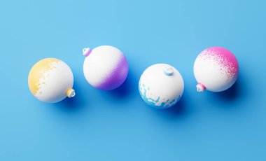 Mavi arka planda 3D noel süslemesi, değerli taşak afişi. Asgari Yeni Yıl ve Noel konsepti 3D görüntüleme.