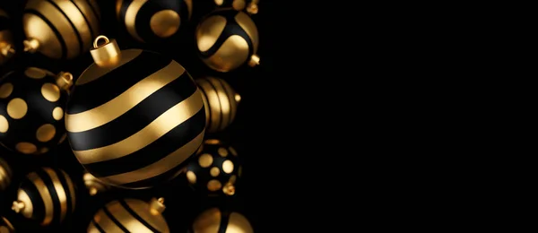 Falling Luxury Golden Christmas Ball Pattern Black Background Rendering Happy — Stock Photo, Image