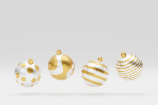 Falling luxury golden 3d christmas ball with pattern on white background. 3d rendering Happy New Year Luxury background with golden and white bauble ball.
