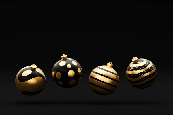 Falling luxury golden 3d christmas ball with pattern on black background. 3d rendering Happy New Year Luxury background with golden and black bauble ball.