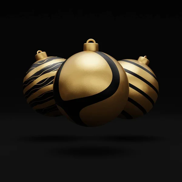 Falling Luxus Arany Karácsonyi Labda Minta Fekete Háttér Renderelés Boldog — Stock Fotó