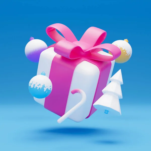Neujahr Und Weihnachten Design Realistische Geschenkbox Weihnachtsbaum Ball Süßigkeiten Und — Stockfoto
