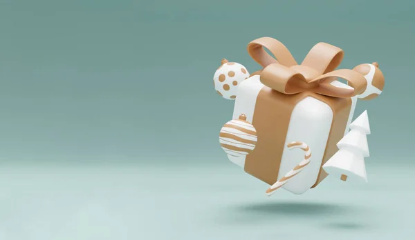 新年和圣诞节3D设计 采购产品黄金和白色的现实的礼品盒 圣诞树 糖果和装饰元素假日的横幅 圣诞节假期3D渲染图像 — 图库照片