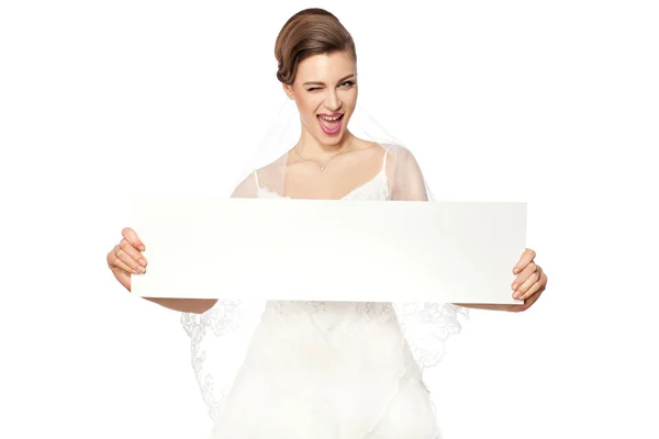 Smiling bride with advertising. — Stock Photo, Image