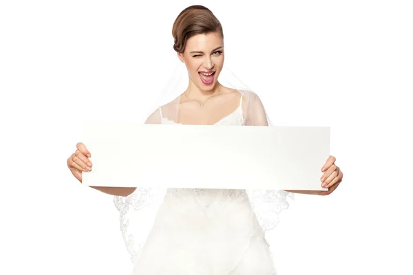 Sposa sorridente con pubblicità . — Foto Stock