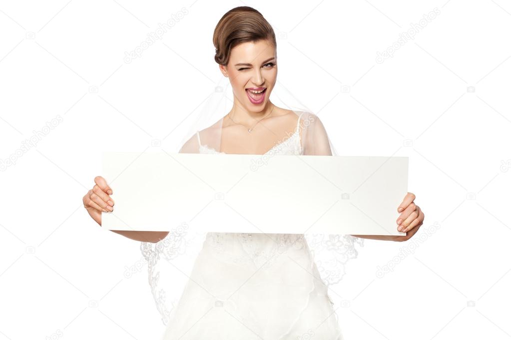 Smiling bride with advertising.