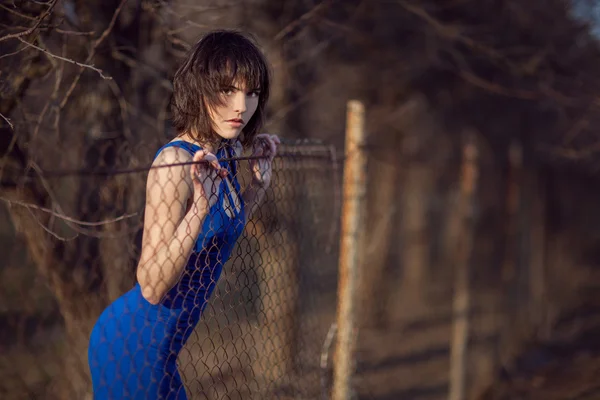 Menina bonita em vestido de noite azul . — Fotografia de Stock