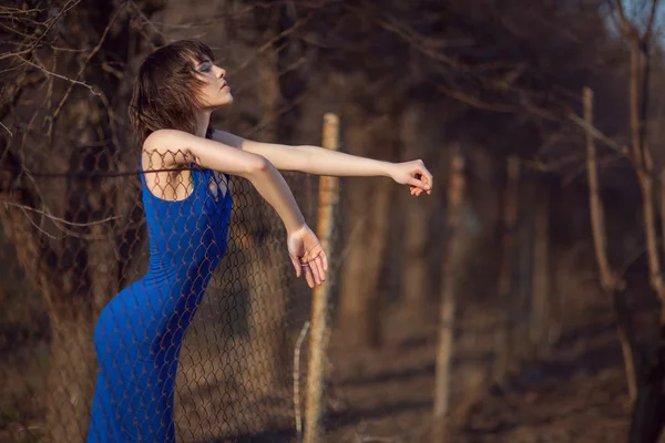 Mooi meisje in blauwe avondjurk. — Stockfoto