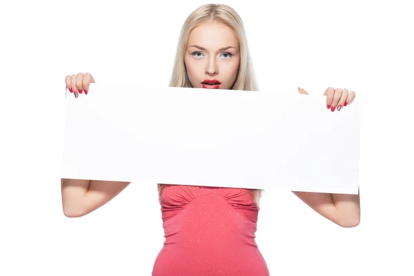 Blonde girl shows poster. — Stock Photo, Image