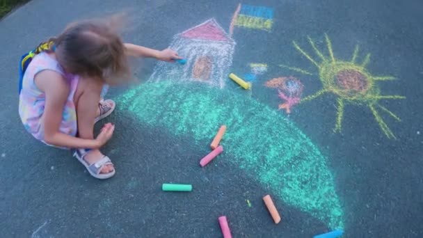 Ukrainian Girl Child Draws Children Drawings Chalk Pavement — Stockvideo