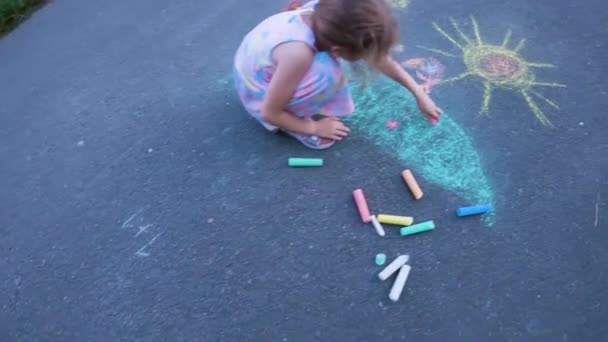 Ukrainian Girl Child Draws Children Drawings Chalk Pavement — Vídeos de Stock