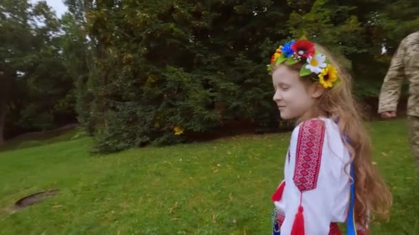 Ukrainian Girl Child Plays Military Military Father Little Girl Child — Stock Video