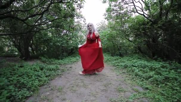 Elfenfrau Rotem Kleid Tanzt Wald — Stockvideo