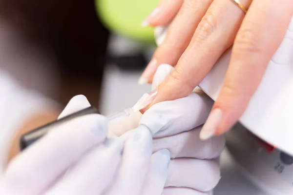 Manicurist Gloves Varnishes Customer Nails Beauty Salon Beauty Treatments — стоковое фото