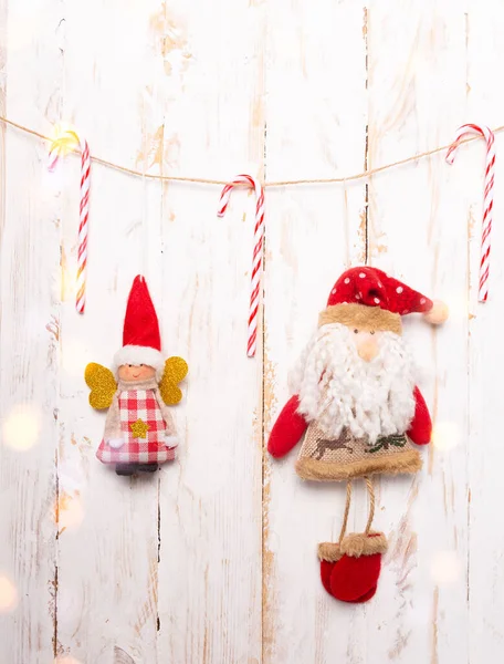 Christmas Toys Christmas Lollies White Wooden Background — Stock Photo, Image